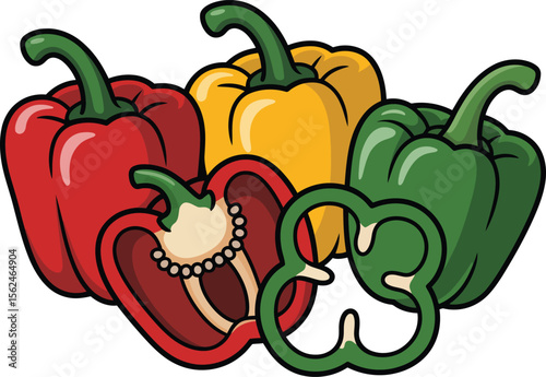 A Colorful Collection of Bell Peppers in Red Yellow and Green Featuring Both Whole and Sliced for Culinary Inspiration Vector illustration