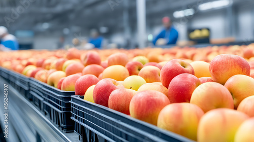 Fresh apples in black crates are neatly arranged on shelves in a modern warehouse, showcasing vibrant colors and textures, highlighting agricultural abundance and quality produce