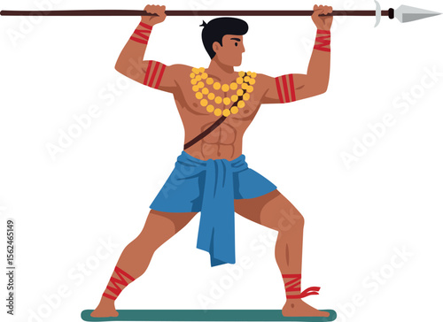 Tribal warrior holding spear in throwing stance with blue cloth and necklace vector illustration 