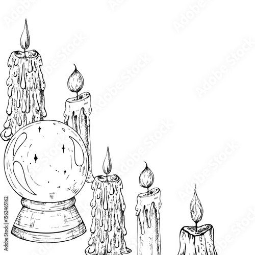 Vector frame with crystal ball to predict the fate and candles with wick and wax. Hand painted linear candlelight illustration style for Christmas or birthday design. Graphic monochrome sketch