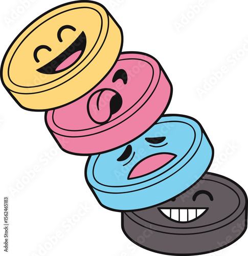 Stacked Emoticon Buttons Yellow Pink Blue Gray Happy Sad Winking Smiling Cartoon Illustration