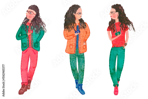 The girl is a character with camera.  watercolor illustration . A woman on transparent background