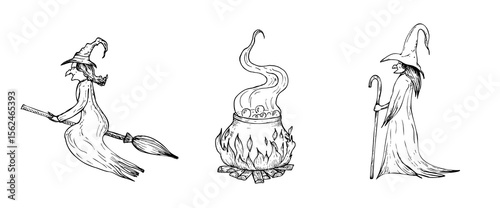 Vector halloween witch flying on a broom witch hat. Hand painted Mystical cauldron glowing with magical fire, linear wizard cap illustration. Graphic monochrome sketch isolated on background. For