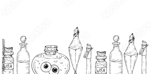 Vector frame, border, banner with Glass potion bottles with cork and eyes, death symbol. Hand painted linear wizard halloween illustration. Graphic magic monochrome sketch isolated on background. For