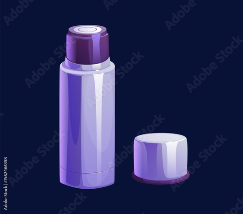 Herbal, fruit and berry tea container. Hot drink or beverage vacuum thermo flask made of stainless steel or alluminum isolated cartoon vector icon. Travel, outdoor sport and hiking water container