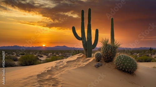 Fototapeta Naklejka Na Ścianę i Meble -  Majestic desert sunset with silhouetted cacti and vibrant sky over sandy dunes