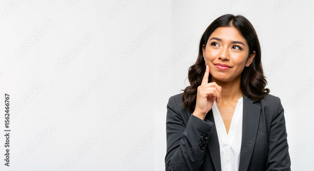 Thoughtful young businesswoman in a dark suit with her finger to her chin looking upwards and slightly to the side on a plain isolated background contemplating her next move Thoughtful young businesswoman in a dark suit with her finger to her chin looking upwards and slightly to the side on a plain isolated background contemplating her next move
