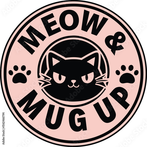 Playful Cat-Themed Logo Design Featuring Paw Prints and Bold Typography for "Meow and Mug Up" Branding Vector illustration