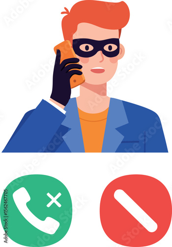 Male thief talking on phone with call accept and decline icons vector illustration 