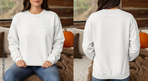 Split front and back view of person wearing plain white crewneck sweatshirt with long dark hair  blue jeans visible autumn themed setting with orange pumpkin blurred in background