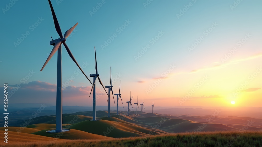 Obraz premium Wind turbine farm at sunset over rolling hills