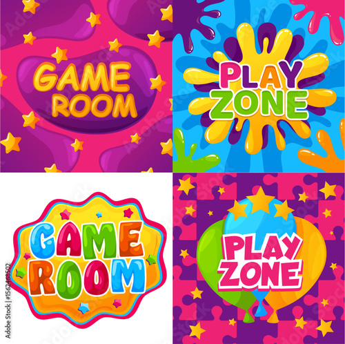 Kids club, game room and play zone cartoon vector design. Child education, fun and entertainment activities, toy party and playground invitation flyers with colorful paint splatters, balloons, stars