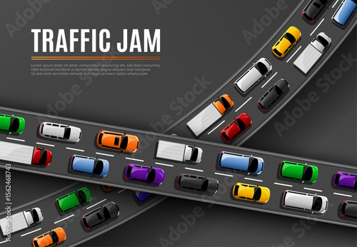 Traffic jam vector poster with cars driving on road top view. Rush hour in city, vehicles on two lane highway. Automobiles stand in rows, traffic jam problem of megalopolis, transport congestion
