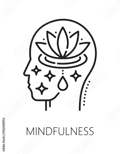 Mindfulness mental health, psychology line icon or sign. Psychology and mental health outline vector sign, psychotherapy pictogram. Cognitive disorder icon with head silhouette and lotus flower
