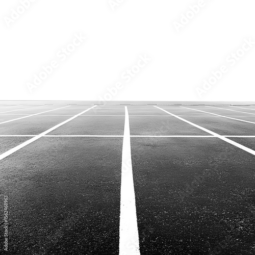 Perspective shot of empty parking spaces marked with white lines against a black sky background