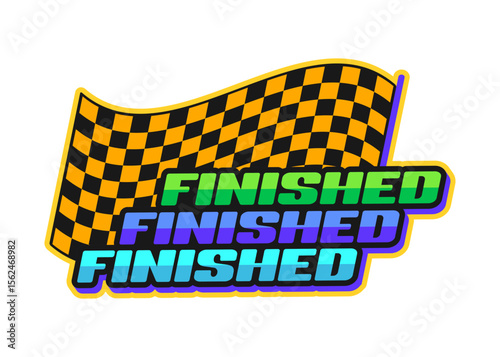 Automobile speed race competition retro Y2K sticker or label. Formula 1 championship Y2K vector label, Car racing competition sticker. Rally motorsport patch with checkered flag, finished typography