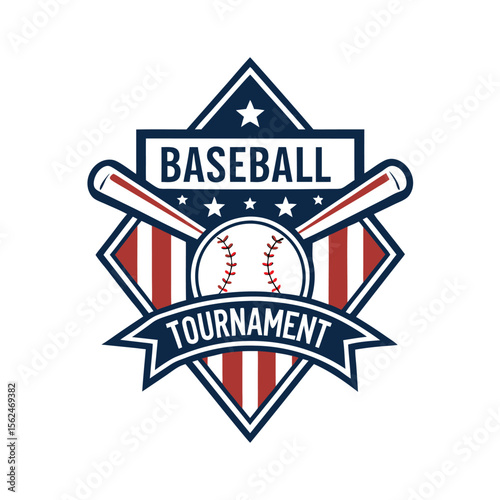 Baseball Tournament Logo Featuring Patriotic Colors and Baseball Equipment, Ideal for Sports Events and Team Competitions Vector Illustration