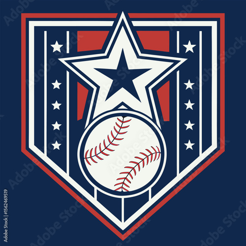 Patriotic Baseball Emblem with Star, Stripes, and Baseball Imagery Celebrating the Spirit of American Baseball and Sportsmanship Vector Illustration