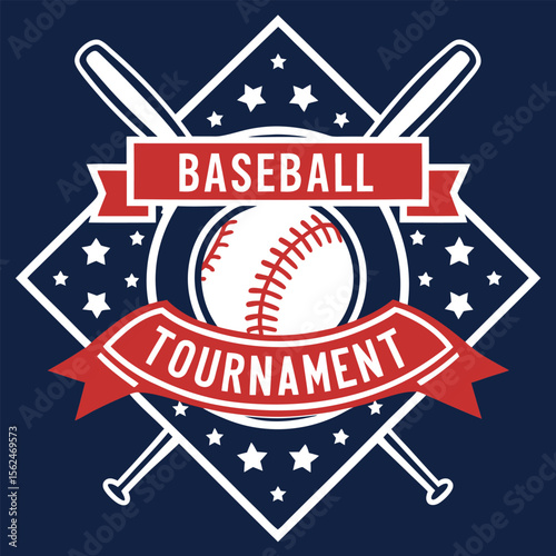 Baseball Tournament Emblem with Crossed Bats and Stars for Sports Event Promotion Featuring a Red Banner and a Baseball Vector Illustration