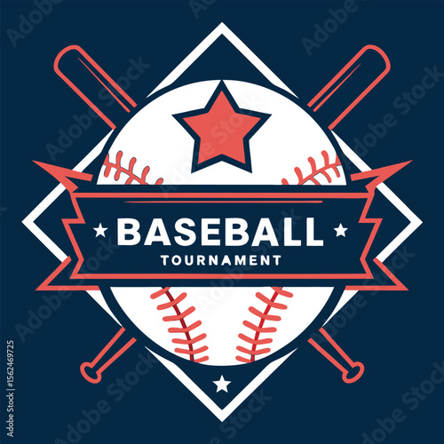 Baseball Tournament Emblem with Bats and Ball Design Featuring Bold Typography and Geometric Shapes for a Classic Sports Vibe Vector Illustration