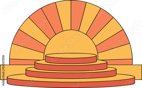 Retro Theatrical Stage Backdrop Design with Circular Podium and Alternating Orange and Yellow Color Scheme for Art Deco Vector Illustration