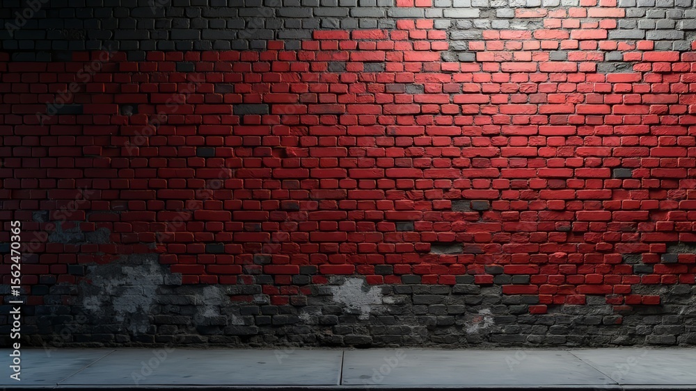 Fototapeta premium Distressed red and gray brick wall in city alley