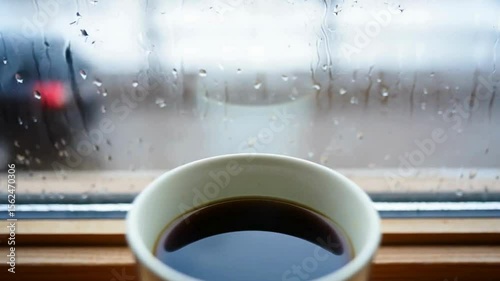 Warm Coffee Cup by Rainy Window Creating a Cozy Relaxing Atmosphere
