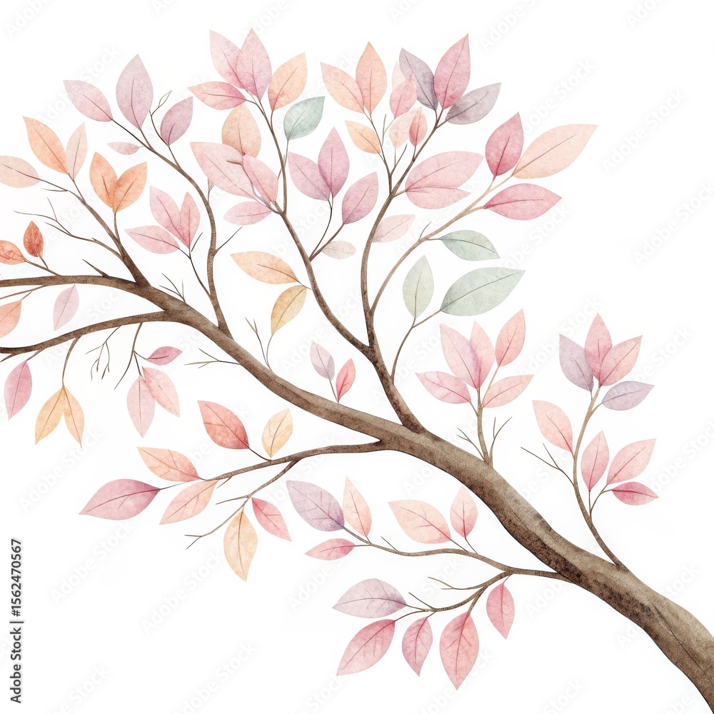 Obraz premium Pastel Watercolor Branch with Delicate Leaves, Autumnal Branch, Watercolor Leaves Leaves, Watercolor Painting