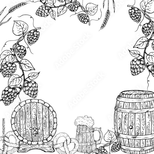 Vector frame Oktoberfest with glass and bottle of beer, sausage and common hop. Wooden barrel for beer. Graphic ink ale illustration, organic Humulus lupulus branch with leaves and cones isolated on