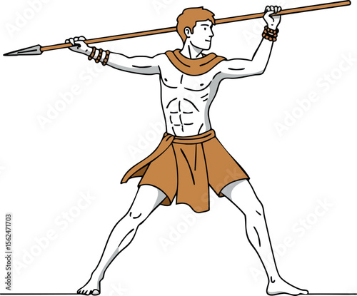Ancient Warrior Holding Spear in Throwing Pose Vector Illustration 