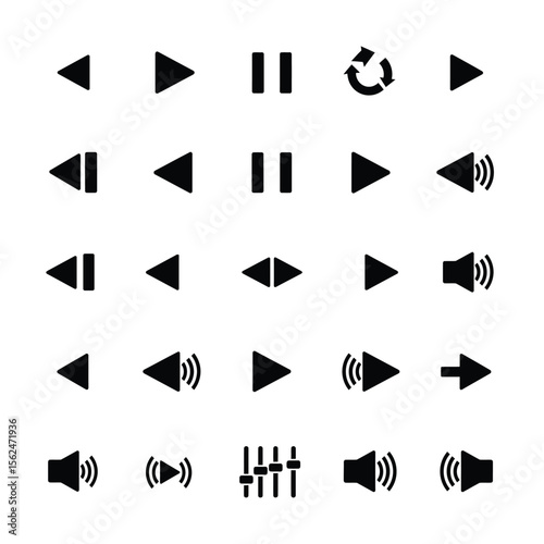 Collection of black multimedia playback and audio control icons 