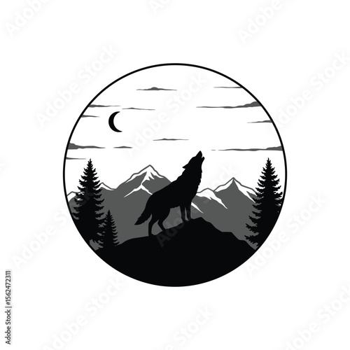 Lone wolf howling at the moon in a mountain landscape silhouette