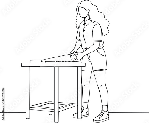 Young woman sawing wood on table line art vector illustration in simple style 