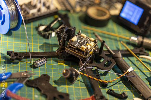 Building table with disassembled 5-inch FPV drone components and repair tools in workshop setting