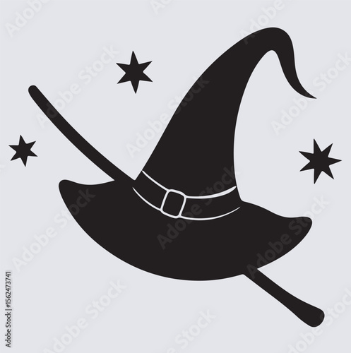 witch hat with sparking stars on a broomstick silhouette vector art illustration, halloween witch hat and broom