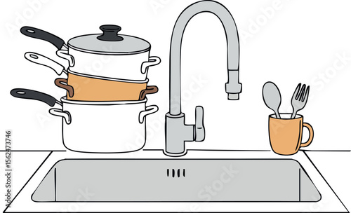 Kitchen sink with stacked pots and cutlery in orange cup vector illustration