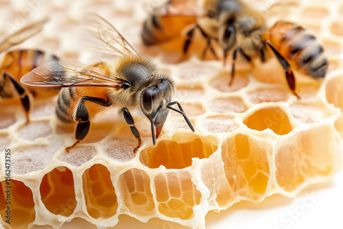 Honeycomb with bees collecting nectar for honey production in natural hive environment