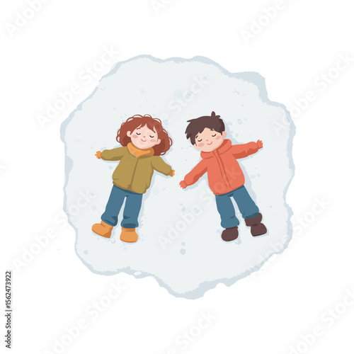 Multiracial kids lying in snow making snow angels in colorful doodle style SVG vector on transparent background for winter holiday cards, seasonal banners, and joyful family content