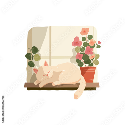 Sleeping cat on windowsill with potted flowers in soft pastel doodle vector SVG on transparent background for cozy home decor, blog illustrations, and pet-related minimalist designs