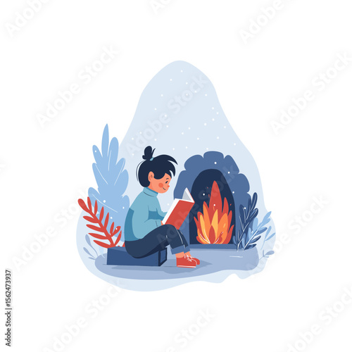 Child reading book by fireplace in warm winter clothes in blue and red flat SVG doodle vector on transparent background for cozy winter blog graphics and children's education content