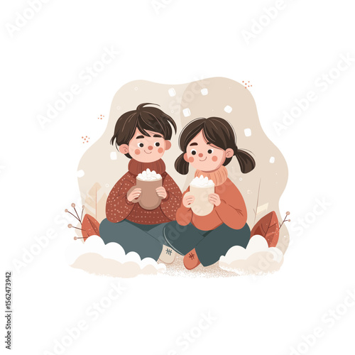 Kids with hot chocolate and marshmallows in cozy sweaters in warm beige and terracotta color doodle vector SVG on transparent background for winter greeting cards and seasonal designs