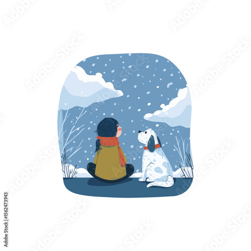 Girl and dog watching snow in quiet winter scenery in soft blue and red doodle vector SVG on transparent background for holiday designs, storytelling books, and peaceful seasonal mood boards