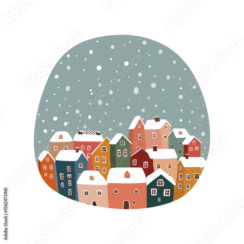 Snowy townscape with colorful rooftops in Scandinavian folk doodle style SVG on transparent background for Christmas cards, holiday posters, and winter village decor in muted tones