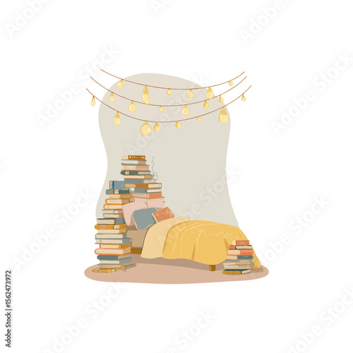 Warm neutral bedroom filled with vintage books and fairy lights in flat pastel Scandinavian doodle vector SVG for autumn reading moodboards, cozy living design, or seasonal room tours