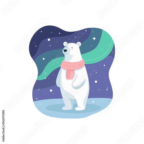Happy standing polar bear in pink scarf under aurora borealis, pastel vector doodle style on transparent background, for winter campaigns, arctic wildlife awareness, or children’s science content