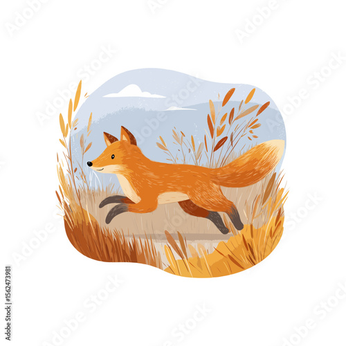  Red fox running through golden autumn meadow in natural earthy color palette, flat hand-drawn doodle SVG on transparent background for children’s books, wildlife conservation, or nature blogs