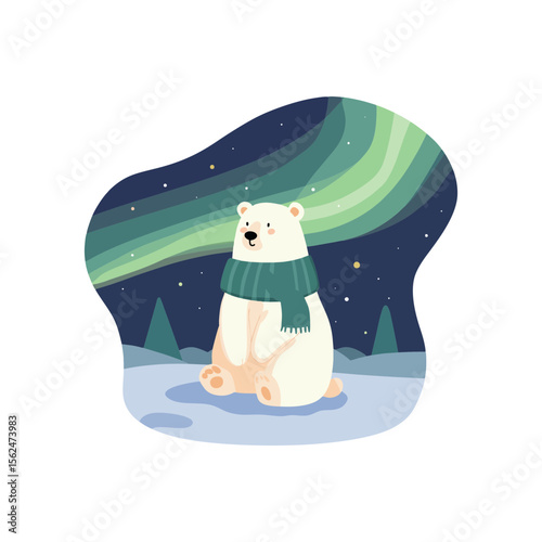  Cute arctic polar bear sitting in snow with green scarf under northern lights, flat doodle style in cool pastel colors, perfect for eco campaigns, children's books, or winter web design