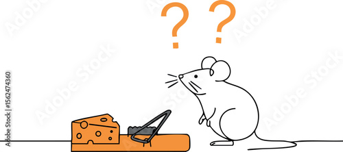 Mouse looking at cheese in trap with question marks above head vector illustration 