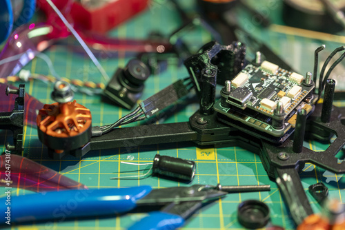 FPV drone assembly workspace with tools and components on green cutting mat