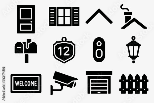 Black set of 12 home facade icons. Minimal vector for design, curb appeal, and decor.